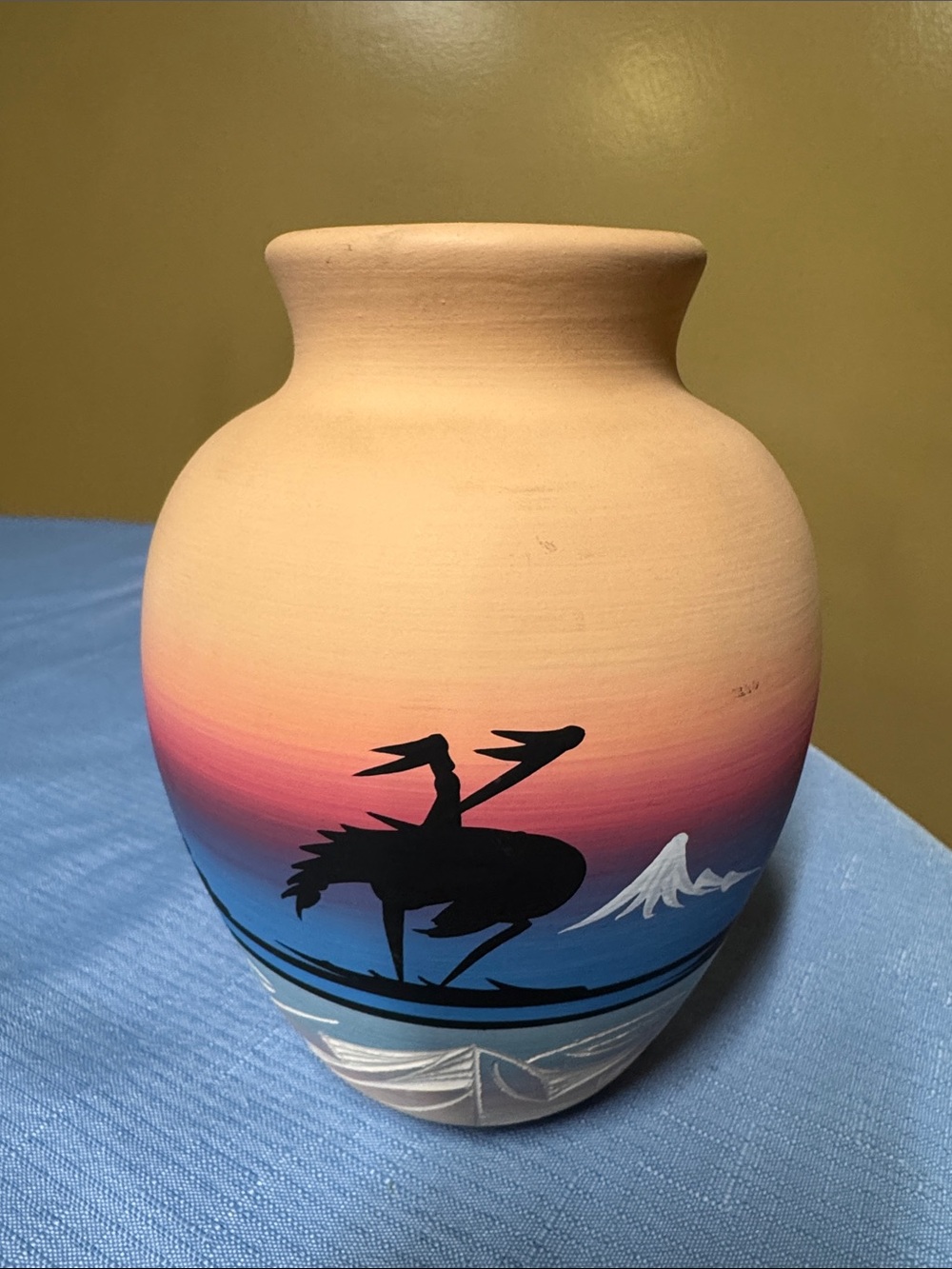 Navajo Vase Art Pottery Vivid Rainbow Landscape 6.5” USA hand painted signed
